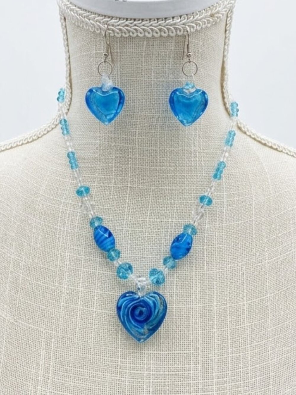 Murano Style Handblown Art Glass Blue Heart Pendant Necklace & Earrings Set